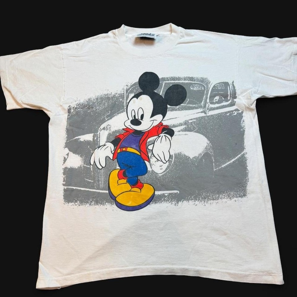 Vintage Mickey Mouse Disney leaning on a car single stitch T-shirt XL READ